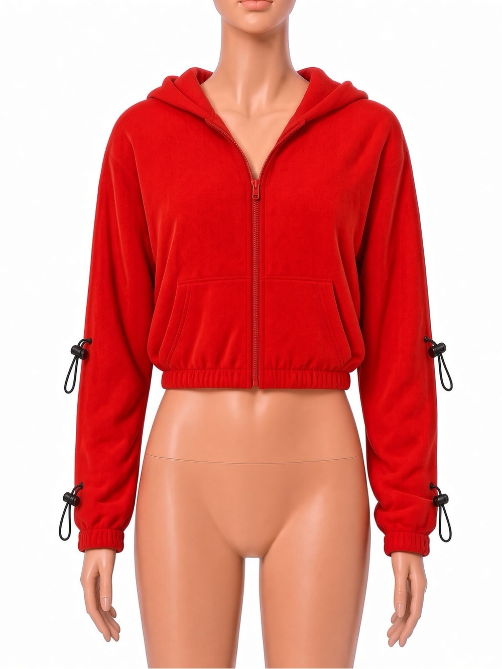 Red Hooded Zip-Up Jacket - Women's Casual Cropped Coat